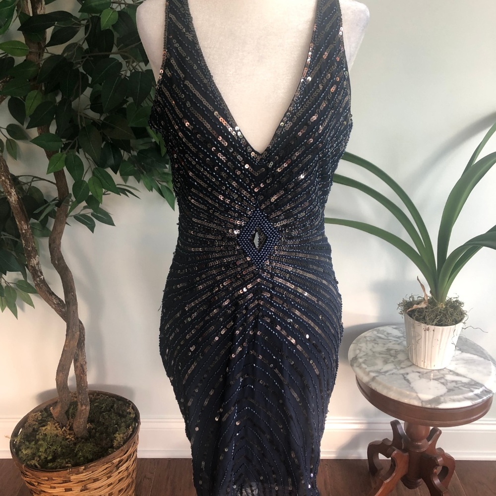 Flapper-style Dark Blue Beaded Dress